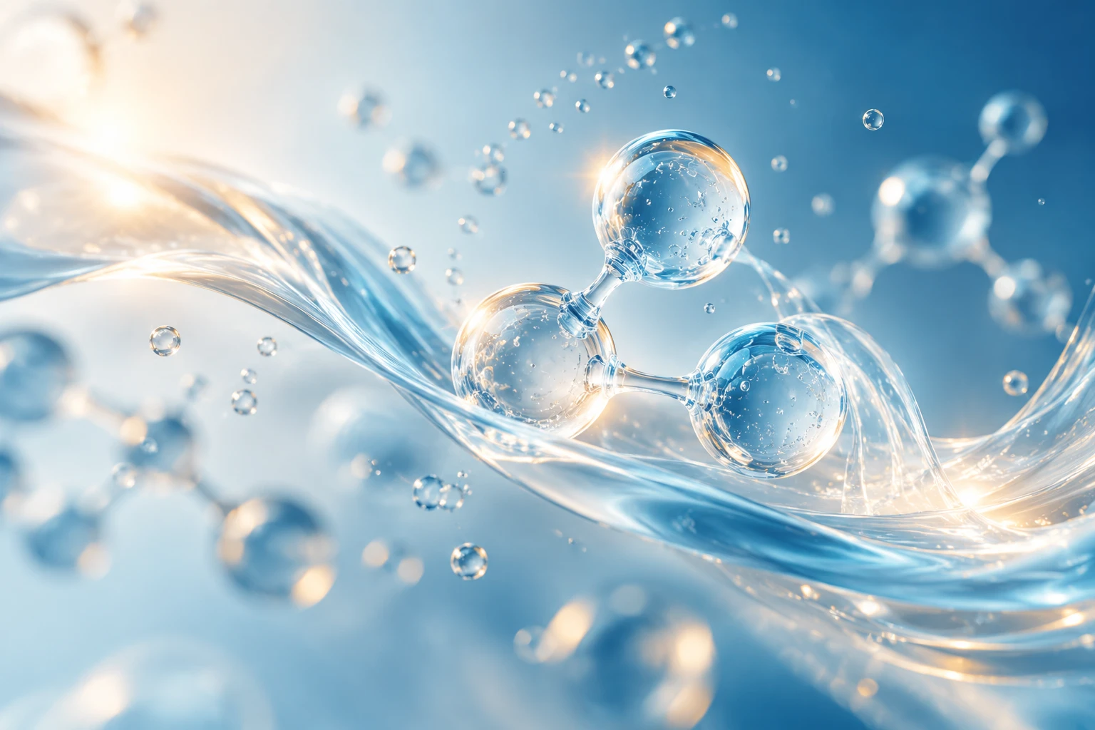 Rappresentazione astratta di molecole e acqua su sfondo azzurro
